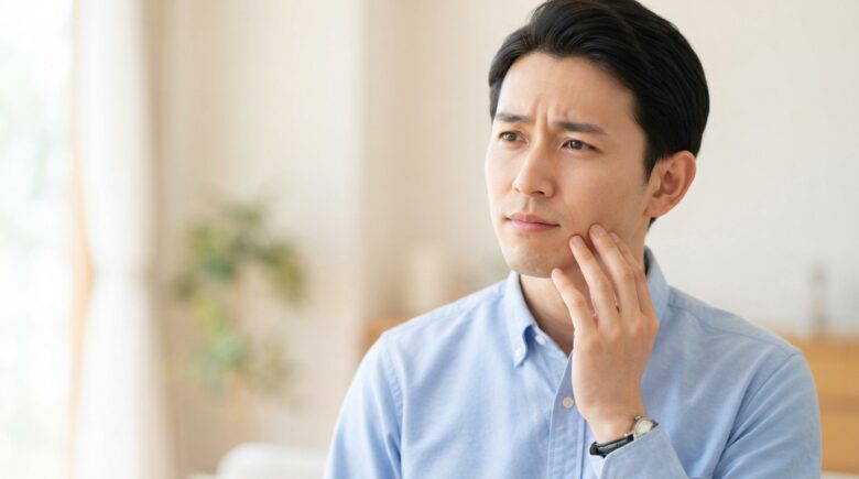 顎の違和感が気になり頬に手を当てる男性のイメージ