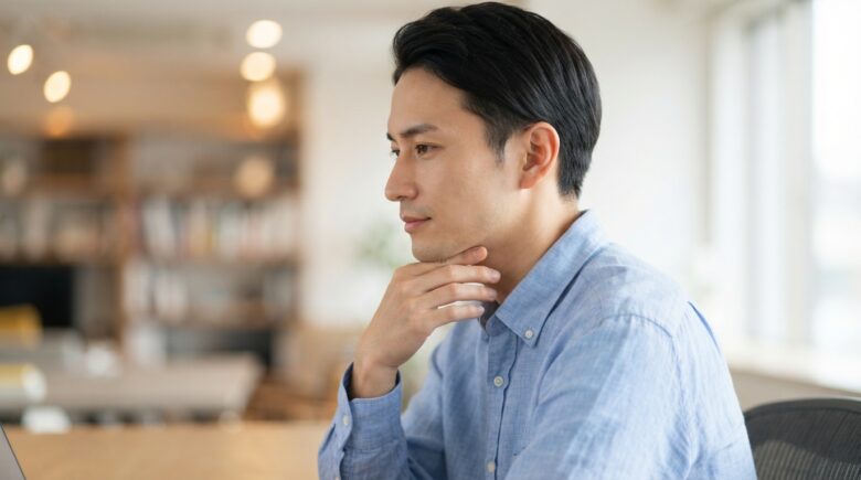 首から顎のラインに手を添える男性の横顔のイメージ