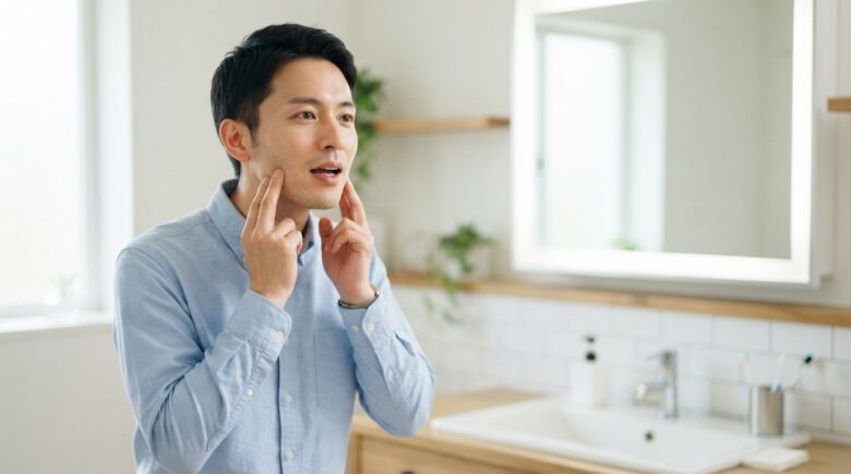 鏡の前で左右の顎関節に指を当ててセルフチェックをする男性のイメージ