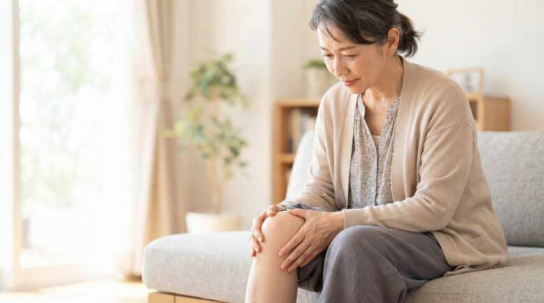 膝の張りを気にして膝に手を添える女性のイメージ