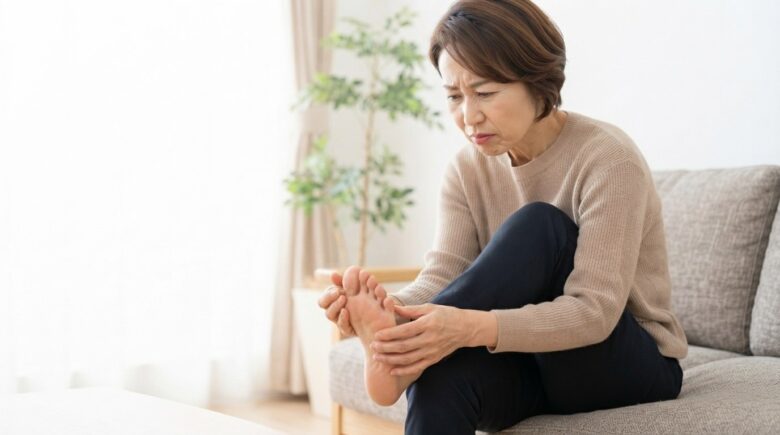 足の指を心配そうに確認する女性のイメージ