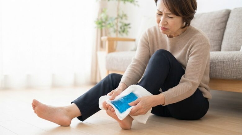 ぶつけた足の指を保冷剤で冷やしている女性のイメージ