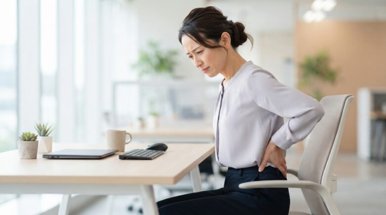 座り仕事で腰の痛みに悩む女性のイメージ