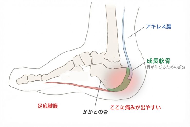 かかとの模式図 アキレス腱がかかとの骨の後ろの成長軟骨につき ここに痛みが出やすい 足底腱膜との位置関係も示すイラスト