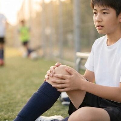 サッカーの練習場のベンチ脇に座り、膝のお皿の下を両手で押さえて痛みを気にする中学生の男の子のイメージ