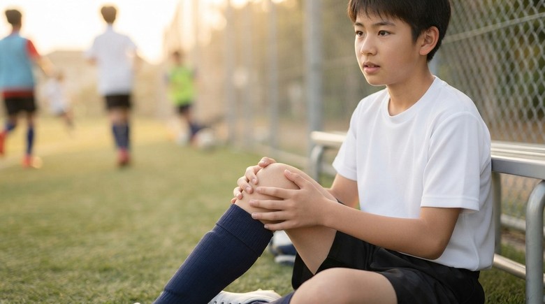 サッカーの練習場のベンチ脇に座り、膝のお皿の下を両手で押さえて痛みを気にする中学生の男の子のイメージ