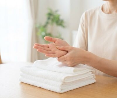 タオルを畳む途中で左手の中指の付け根を右手で押さえている女性の手元 イメージ