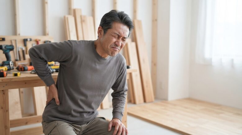 現場で腰を押さえる50代男性のイメージ