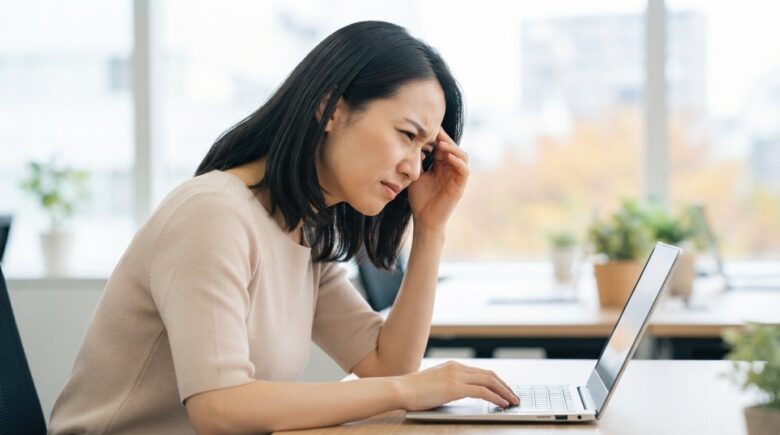 デスクでノートパソコンをのぞき込み、こめかみに手を当てて頭痛をこらえる女性