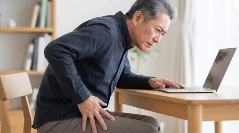 デスクワークで背中が丸くなり顔が前に出た姿勢のまま、太ももに手を当てる男性（イメージ）