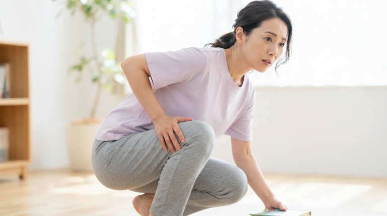 リビングでしゃがみかけて膝の裏に手を添え違和感を気にする女性のイメージ