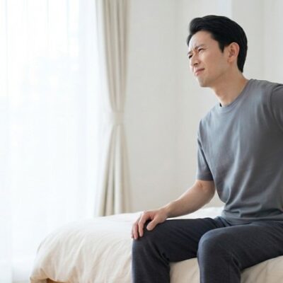 朝、ベッドの端に座って腰に手を当てる人（イメージ）