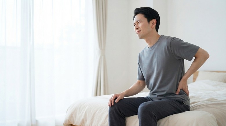 朝、ベッドの端に座って腰に手を当てる人（イメージ）