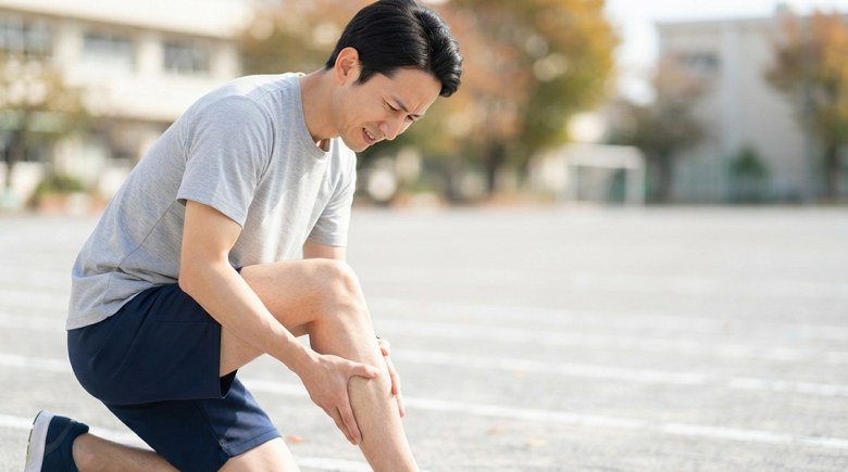 秋の運動場で走るのをやめ、片膝をついて右のふくらはぎを押さえる男性のイメージ