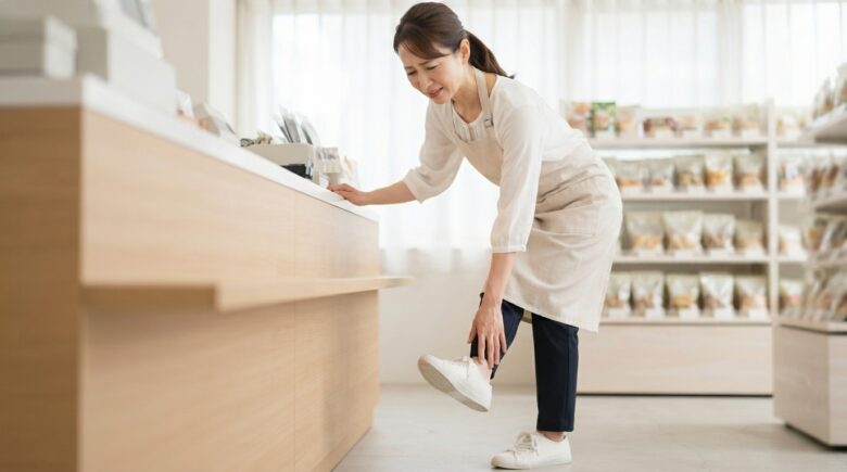 レジに立つ仕事の合間に、足の前側の痛みを気にして靴に手を当てる女性店員（イメージ）